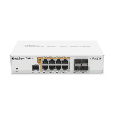 Imagen principal de Switch Router Administrable Cloud L3 con PoE, Puertos SFP y Gigabit Ethernet, MIKROTIK CRS112-8P-4S-IN Cloud Router Switch Administrable L3, 8 puertos 10/100/1000 Mbps c/PoE Pasivo ó 802.3af/at, 4 Puertos SFP Novatics Colombia, proveedores de tecnología en Colombia y LATAM